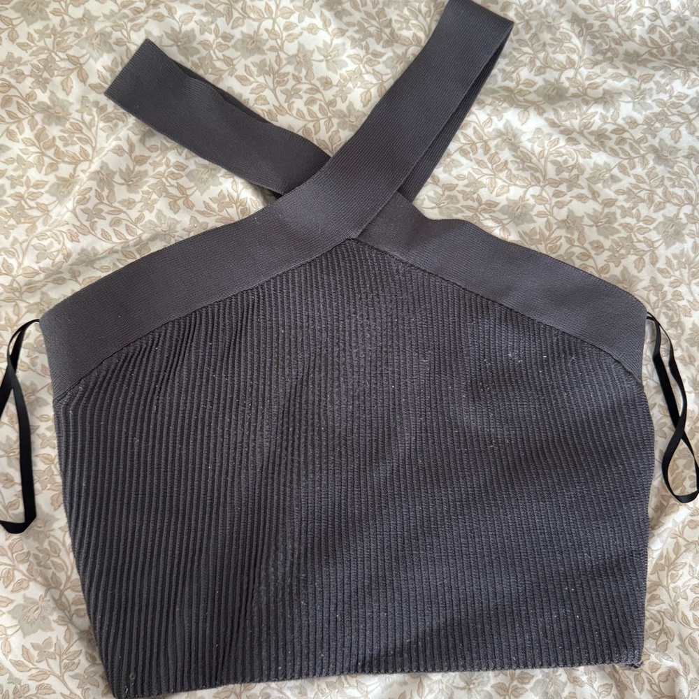 Aritzia Babaton Grey Ribbed Cross-Strap Top